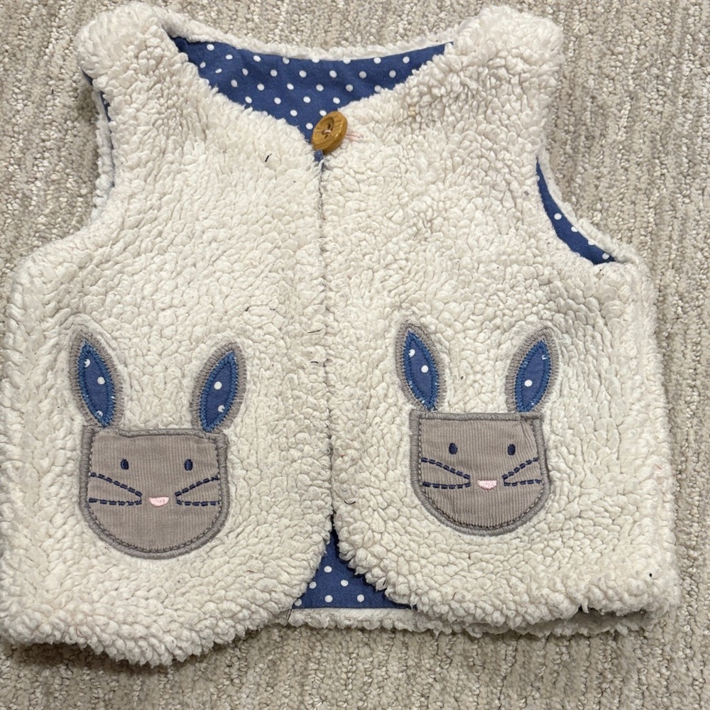 Baby Boden Fleece Vest with Bunny Patches - Cream and Blue